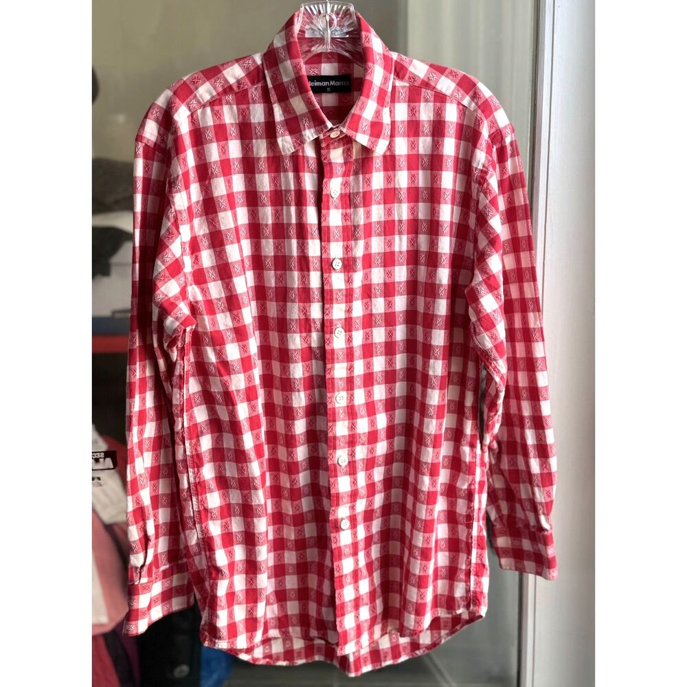 VTG Neiman Marcus Cotton Red Wht Check Western Inspired Button Dwn LS Shirt SZ S